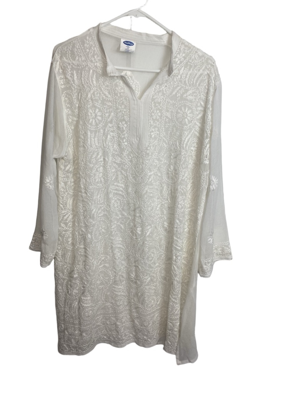 Shubham White Chikankari Embroidered Rayon Tunic Blouse Extra Large Boho Luxe - Picture 2 of 9